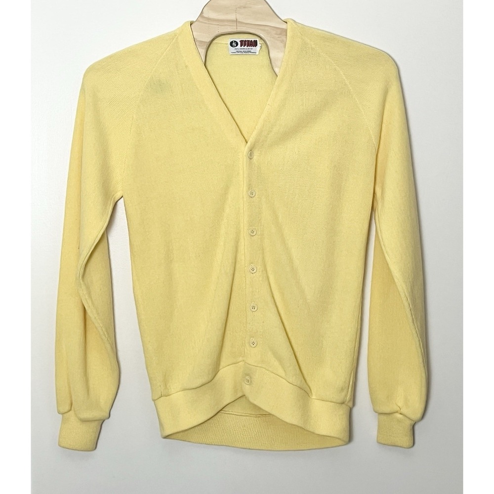 Vintage Titan‎ Cardigan Sweater Men's Large Tall Yellow 80s Mod Light Academia